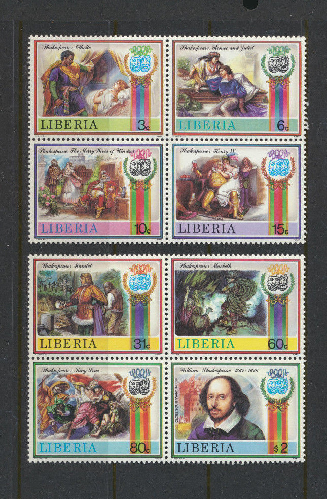 Shakespeare Mint NH Set of 8 Large Topical Stamps Liberia 1987 2 Blocks of 4