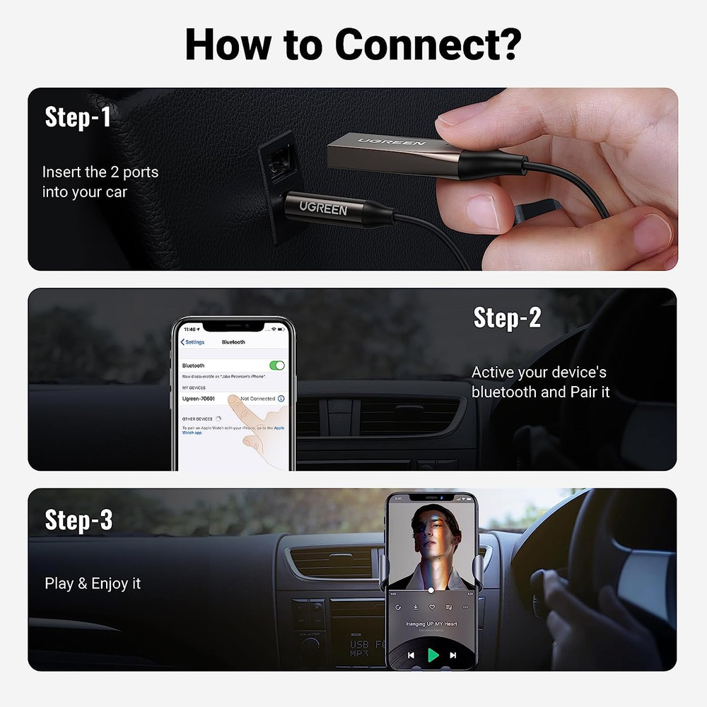 UGREEN Aux to Bluetooth 5.4 Adapter 3.5Mm Bluetooth Receiver for Car USB 2.0 to