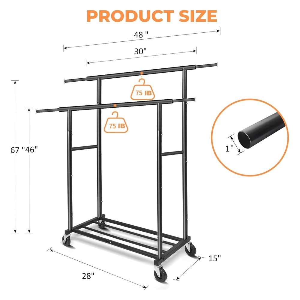 Garment Clothes Rack Double Rods Rolling and Lockable Stand