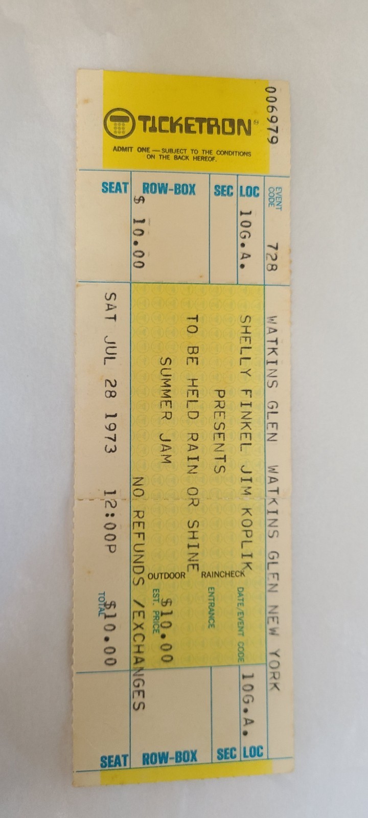 Watkins Glen Summer Jam 1973 Unused Ticket • Grateful Dead, Allman Bros, Band