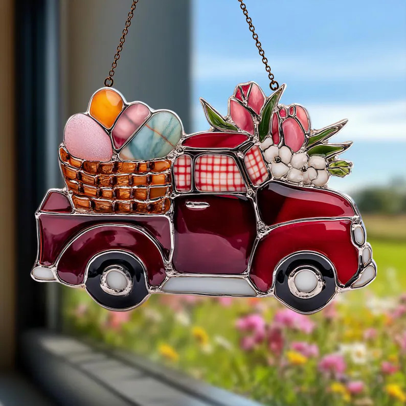 Vintage Red Truck Easter Suncatcher Acrylic Window Decor Gift Idea