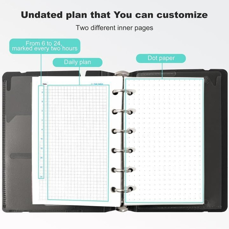 A7 Binder 6 Ring Notebook with Dividers Refillable Planner Binder with Pockets,
