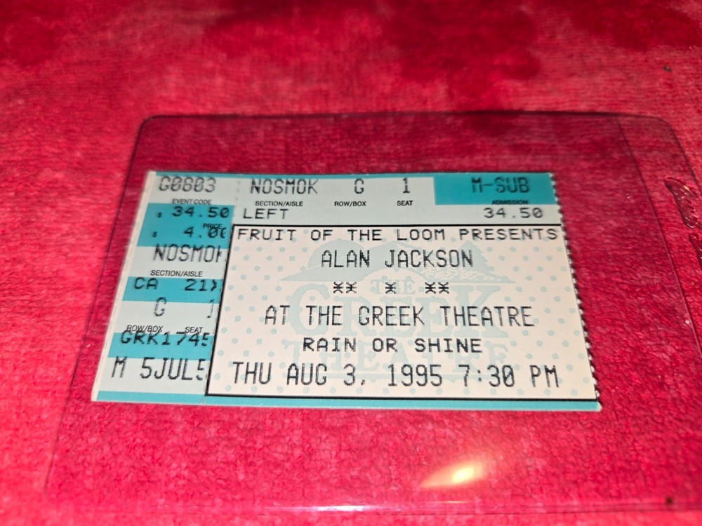 VINTAGE ORIGINAL CONCERT TICKET STUB FOR ALAN JACKSON GREEK THEATRE AUG 3 1995