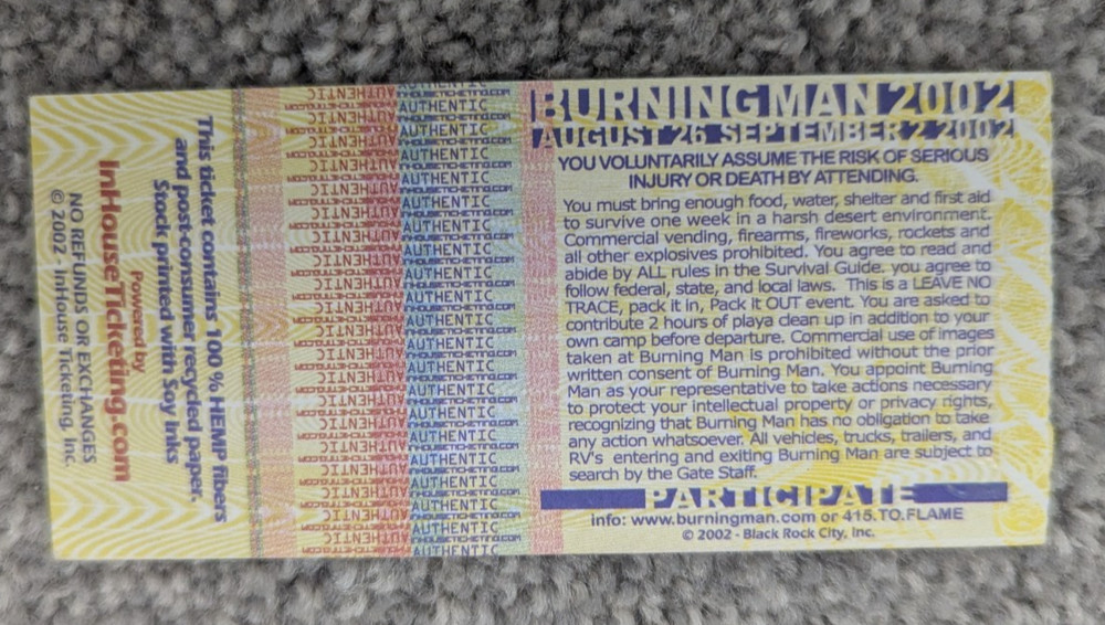 Burning Man Ticket Used Torn Stub 2002
