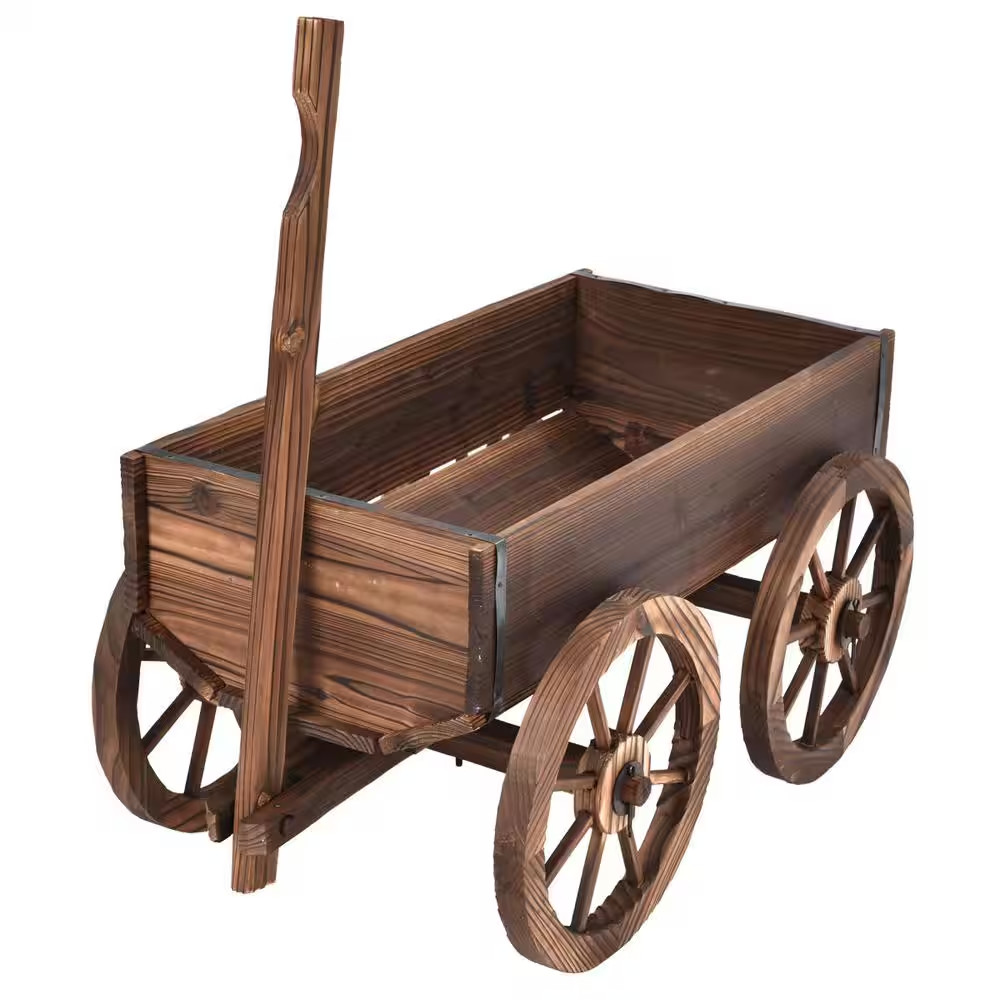 Brown Wood Wagon Flower Outdoor Wood Plant Stand Pot Stand with Wheels
