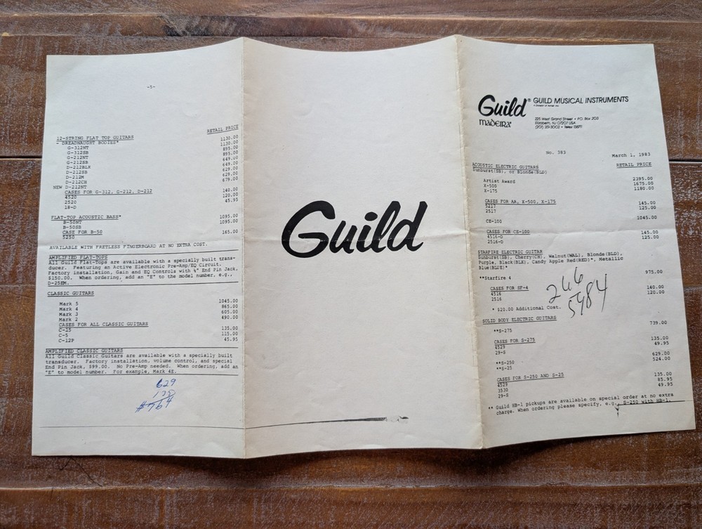 Guild 1983 Guild USA Instruments 2 Sided Price Sheet