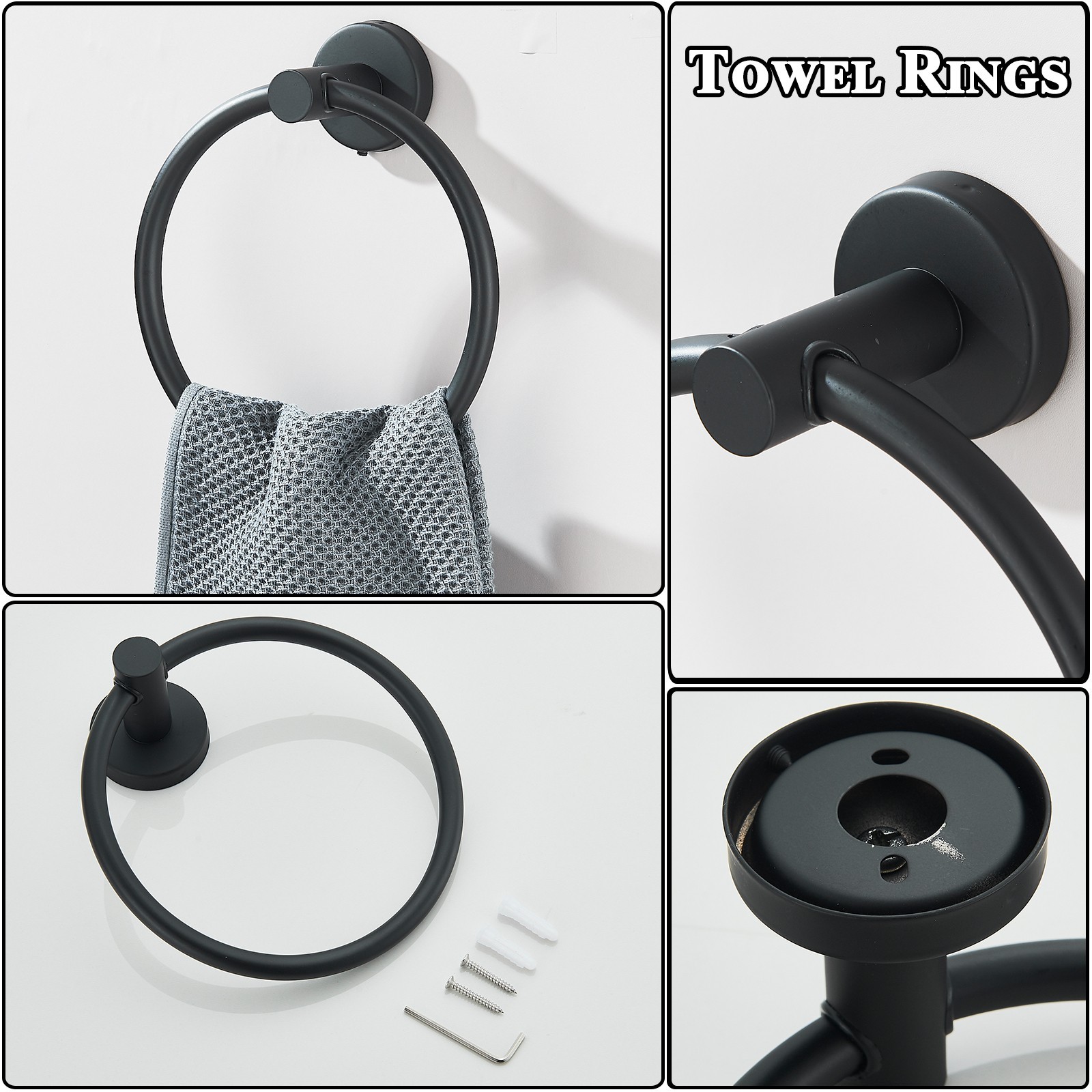 6 Pcs Black Bathroom Hardware Set Stainless Steel Towel Bar Towel Racks Hooks
