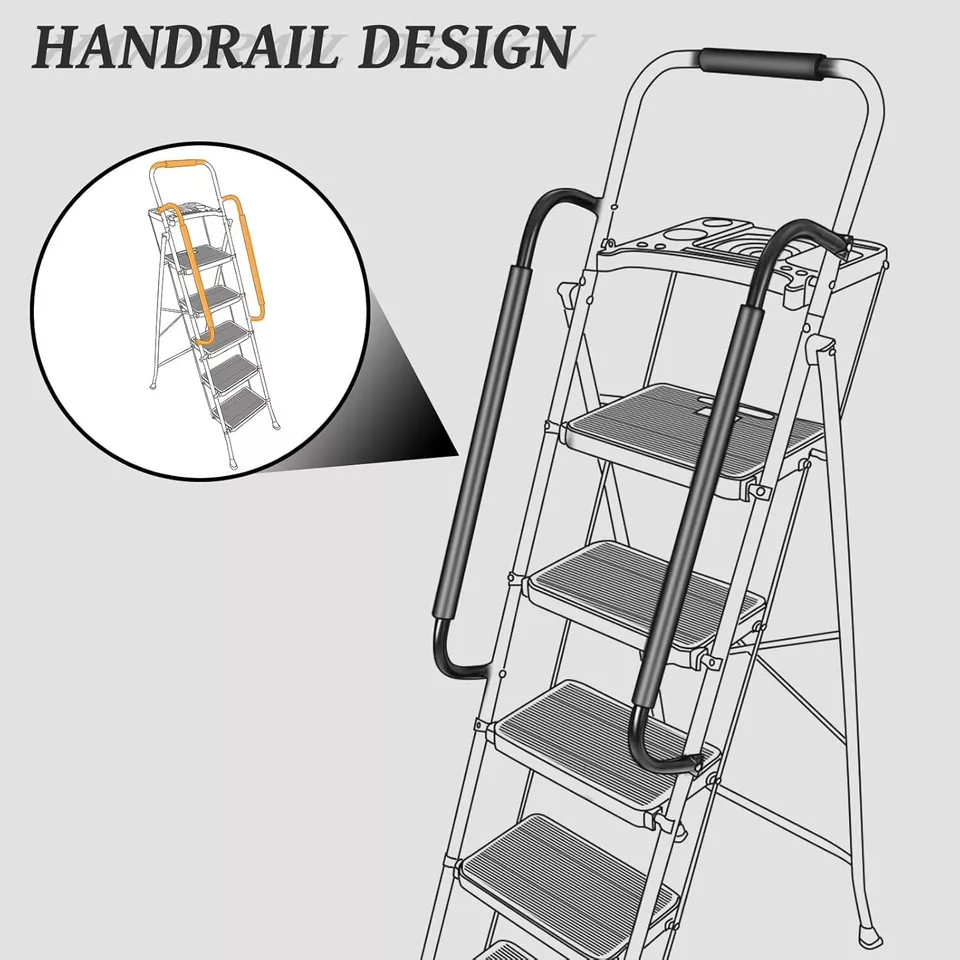 5 Step Non-Slip Stool Ladder with Handrails 330 lbs folding Tool Tray Platform