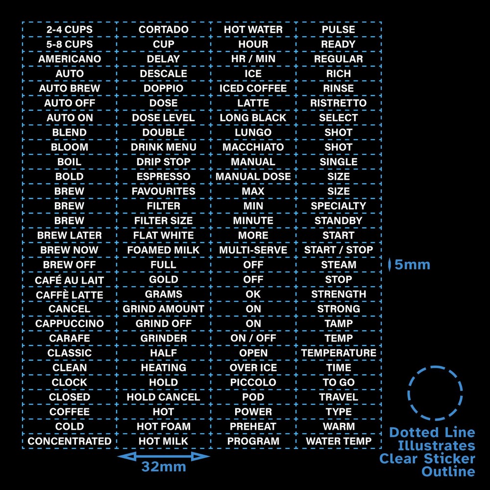 116pcs White Print Coffee Machine Function Sticker Labels Words Decal Button