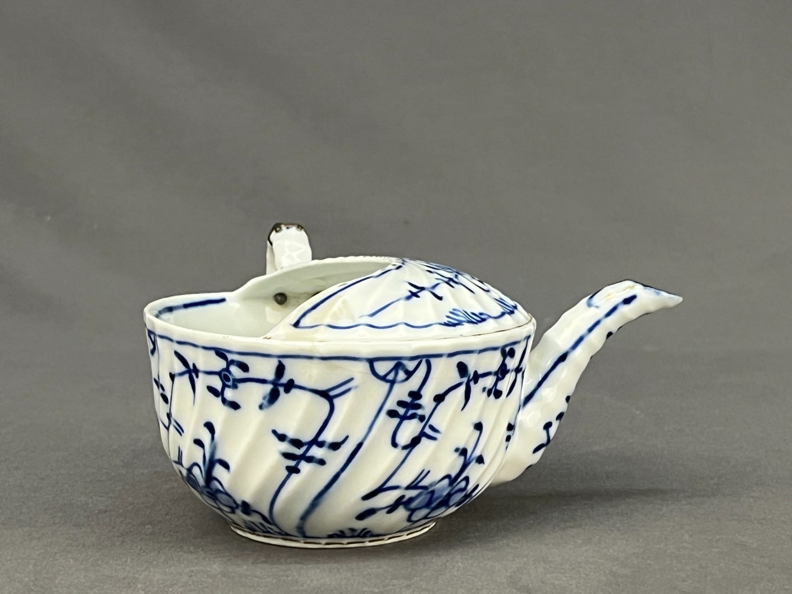 Royal Tettau BLUE ONION Invalid Feeder Pap Boat w/STAPLE REPAIR MAKE DO c. 1885