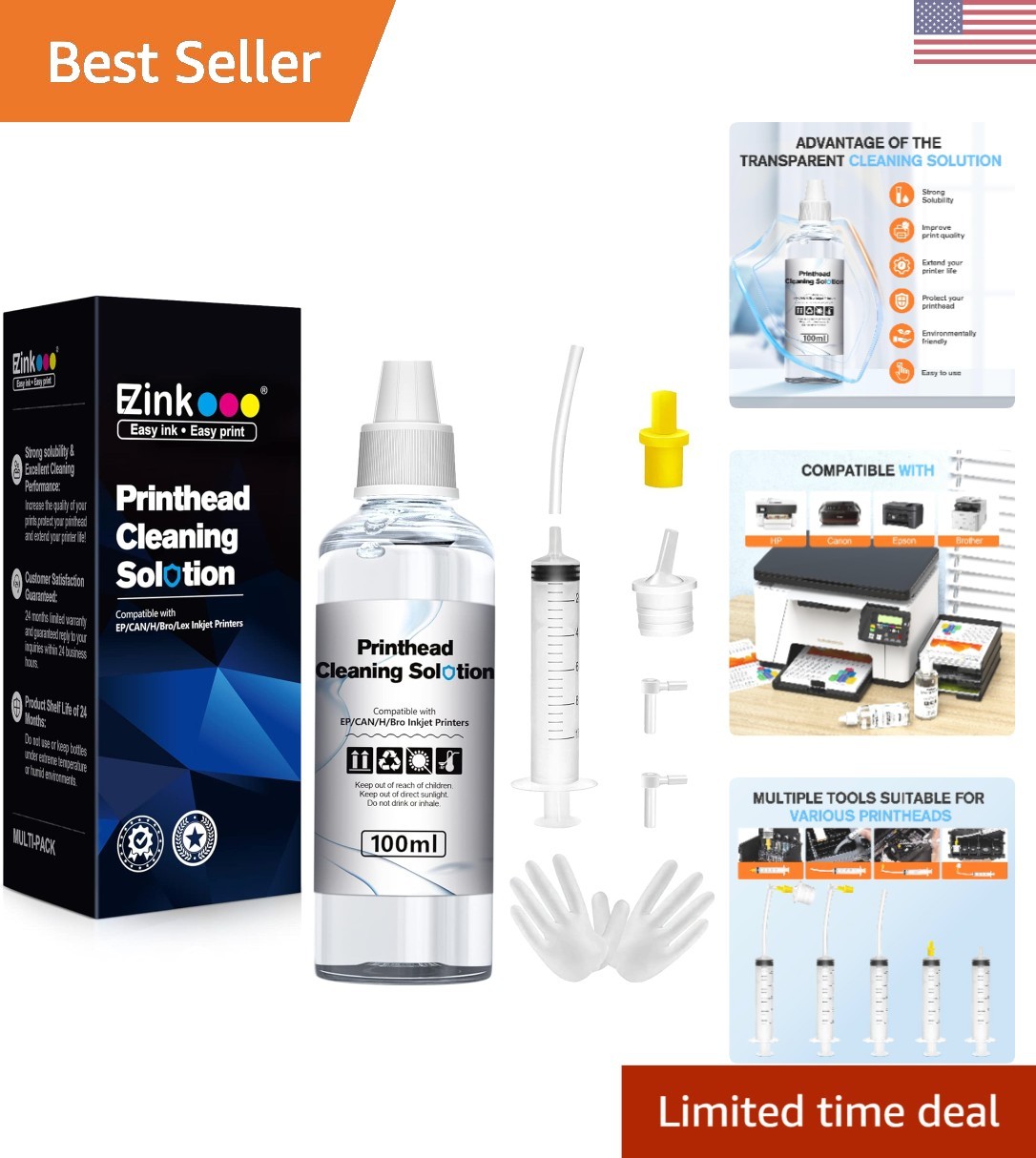 Printhead Cleaning Kit  HP, Epson,Canon, Brother & Lexmark 100ml High Efficiency
