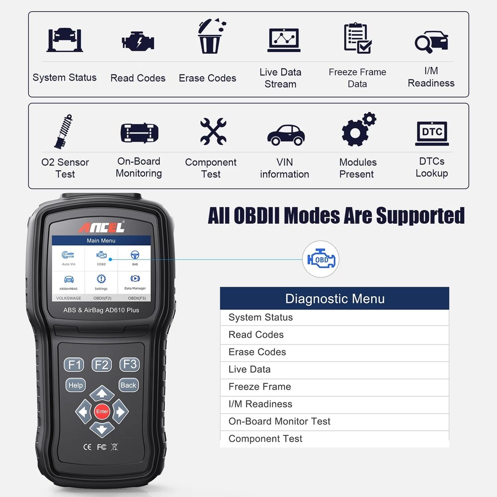 ANCEL AD610 Plus OBD2 Scanner Code Reader SRS ABS Bleeding SRS Diagnostic Tool