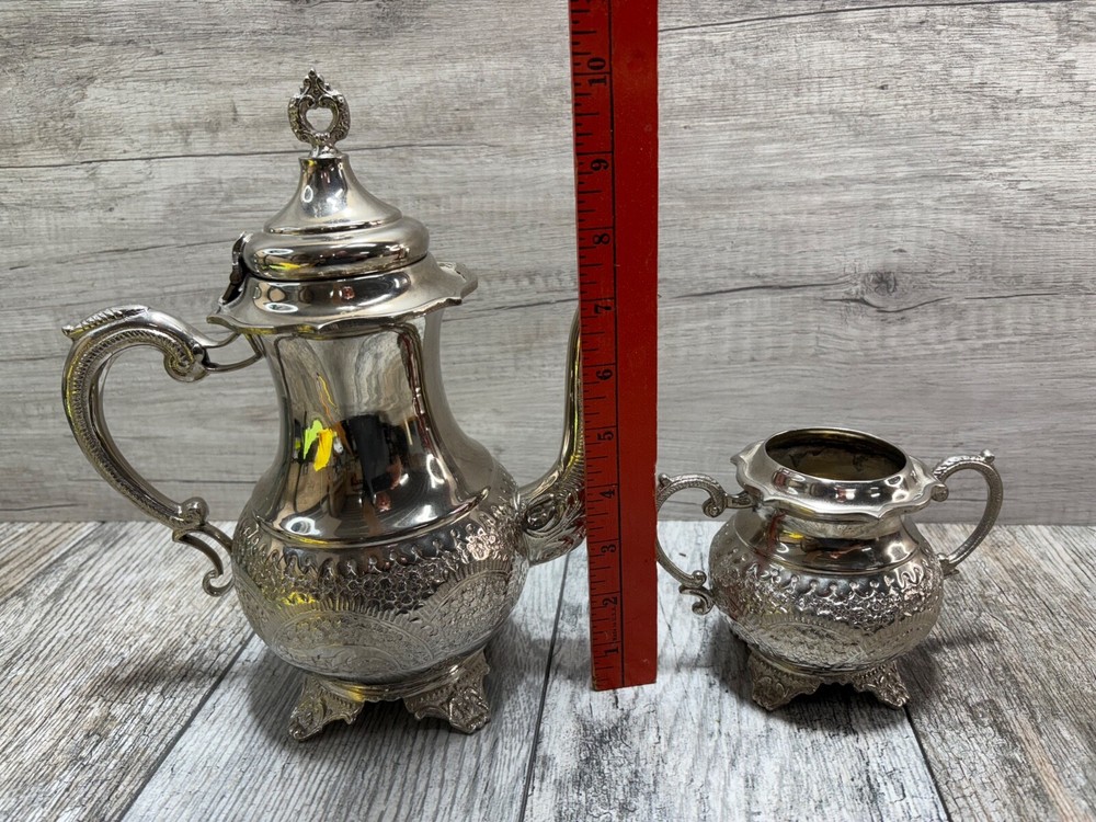 Ornate Teapot and sugar cup G Silver Vintage set used