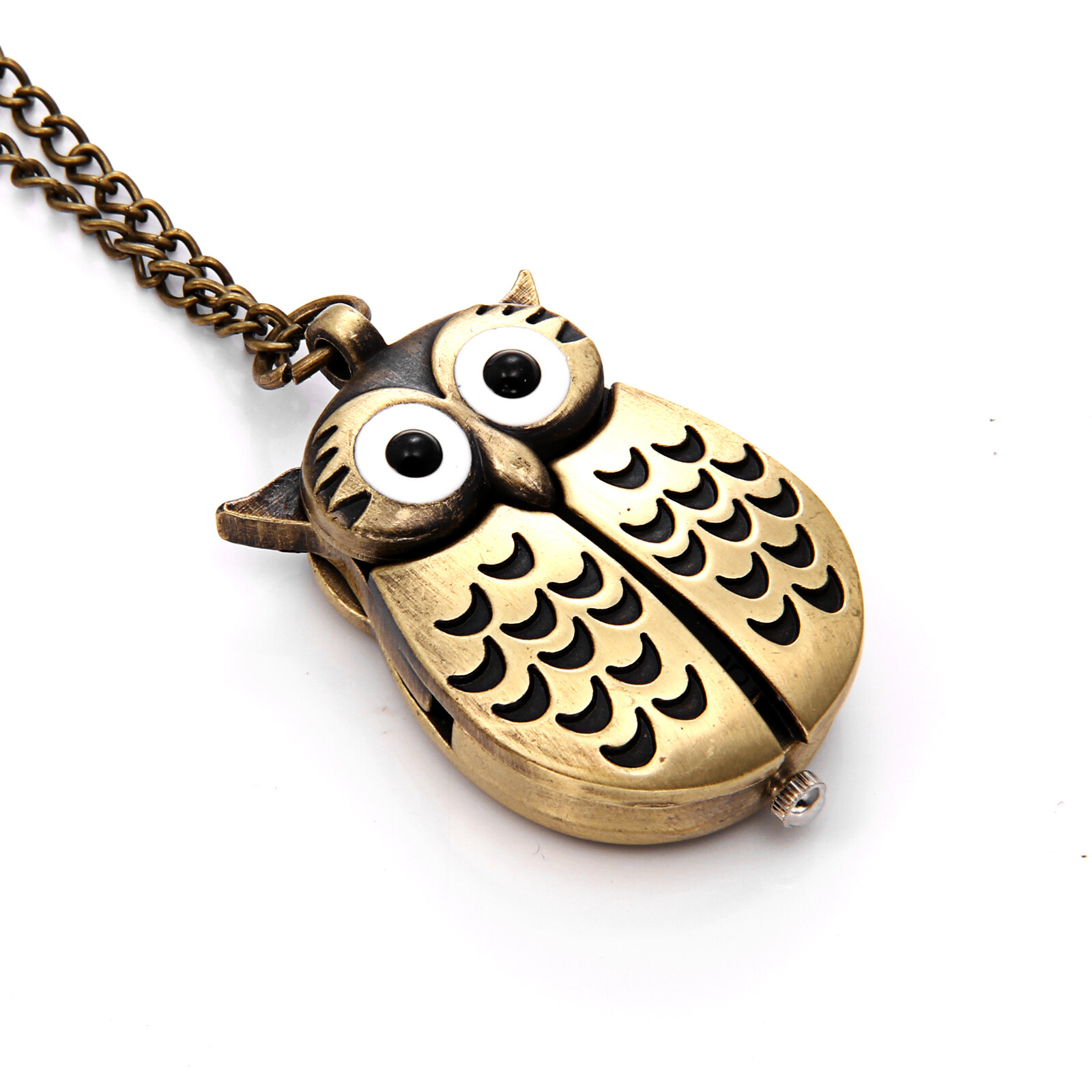 Vintage Retro Owl Wings Bronze Tone Open Face Pocket Watch Pendant Necklace