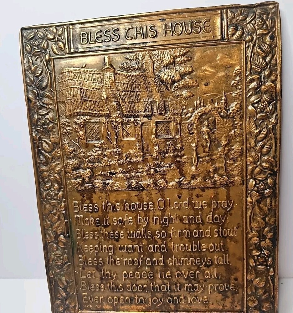 c1930's Embossed Copper Tin "Bless this house" Wall Hanging