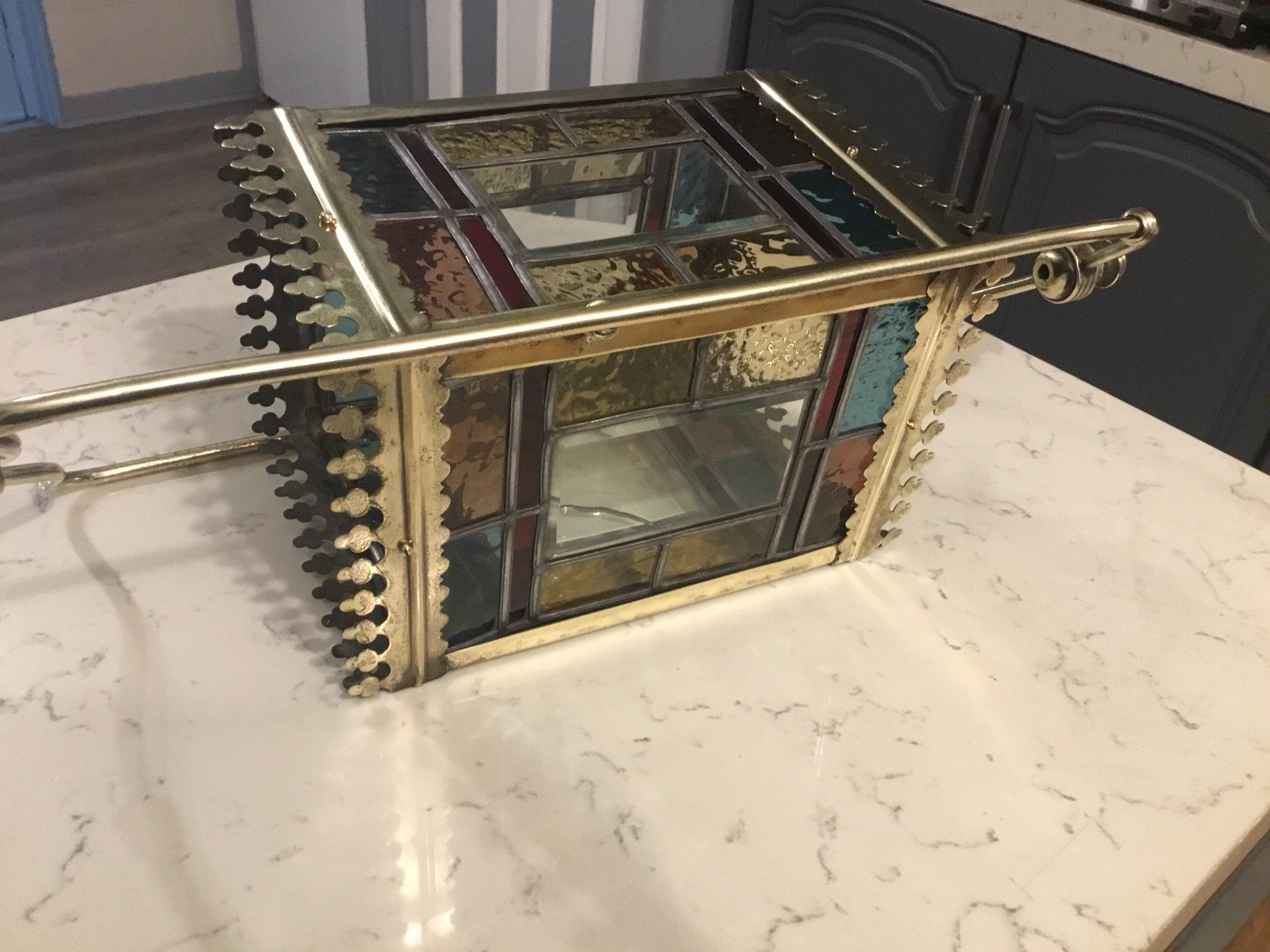 A BEAUTIFUL ANTIQUE BRASS & STAINED GLASS HALL LANTERN ,circa-1870.