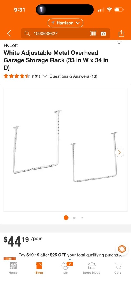HyLoft Adjustable Rack Ceiling Kit White Steel Overhead Garage Storage 2 Bracket