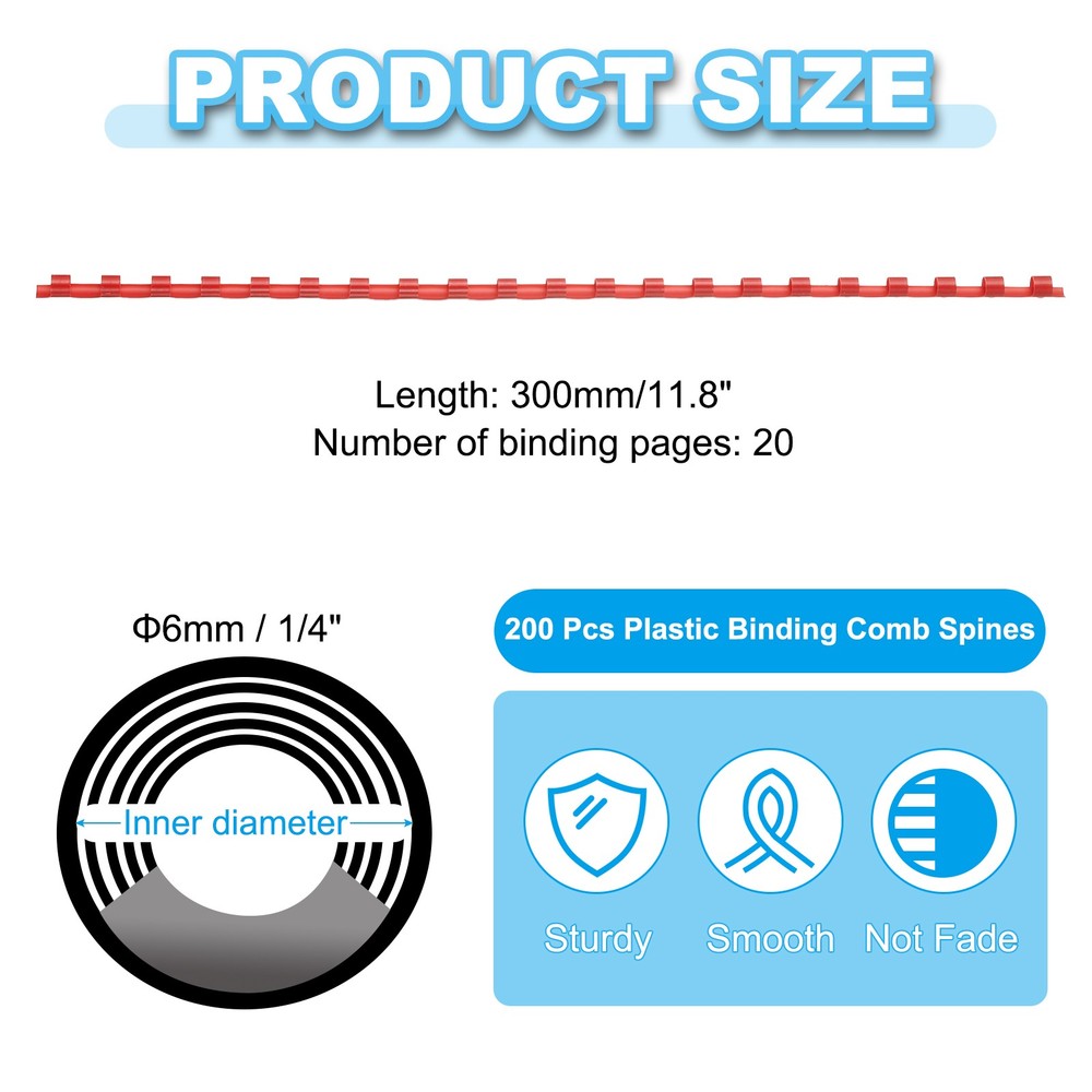 200 Pcs 6mm (1/4") Plastic Binding Combs 20 Sheet Capacity 21 Rings, Red