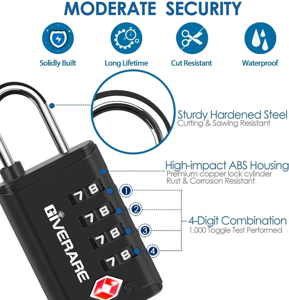 4-Pack TSA Approved Luggage Locks 4-Digit Combo, Open Alert Indicator, Black Set