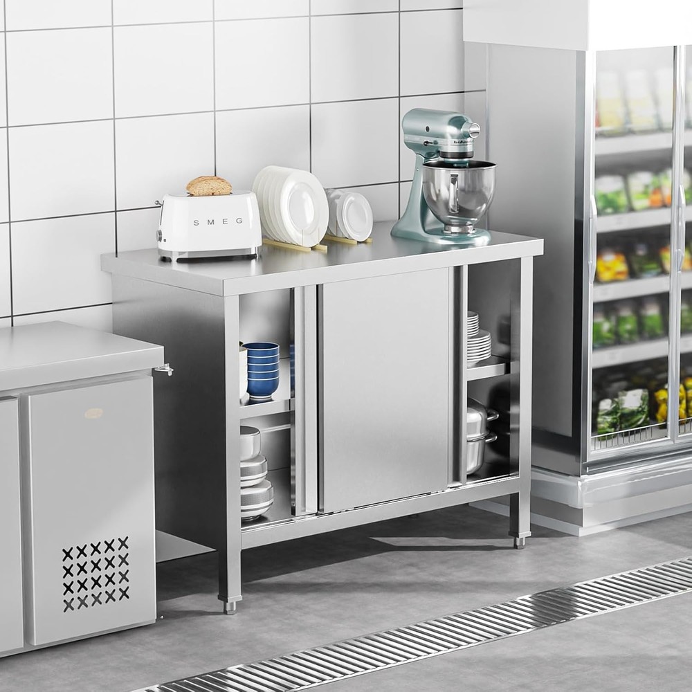 Stainless Steel Prep & Work Table with 2-Tier Cabinet & 2 Sliding Doors Silver