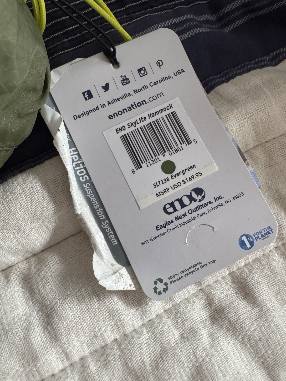 ENO SkyLite Hammock Portable Hammock Bug Net SLT136 Color Evergreen - NEW