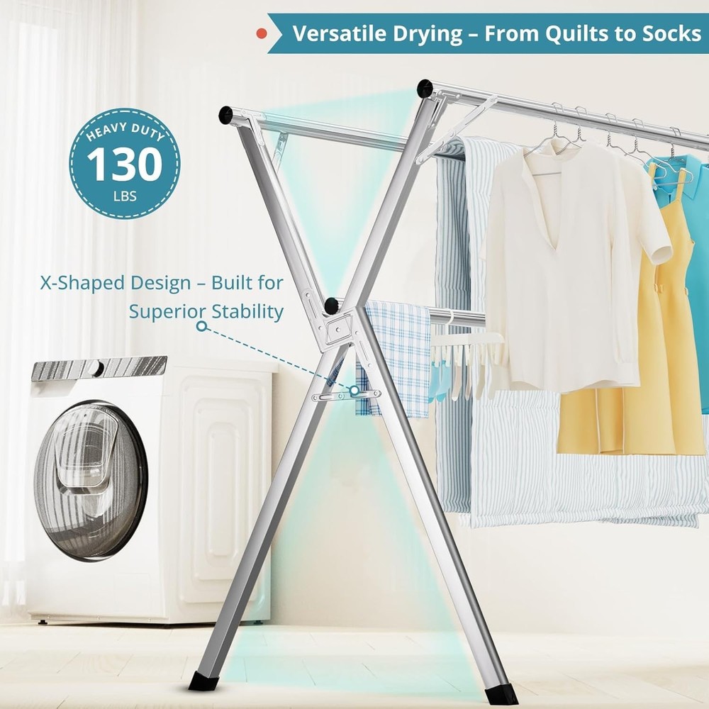 Large Foldable Laundry Rack with Windproof Hooks