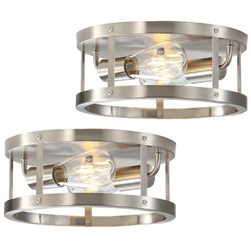 2-Light Industrial Flush Mount Ceiling Light Fixture,Brushed 2 Pack Silver