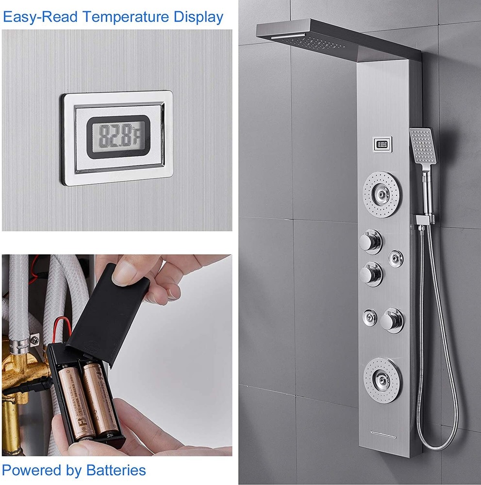 LED Shower Panel Tower Rainfall&Waterfall Shower Head W/ Massage Body Jet System