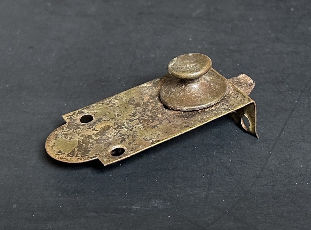 #1863-Antique Thin Brass Late 1800s Large Solid Slide Inset Latch No Receiver