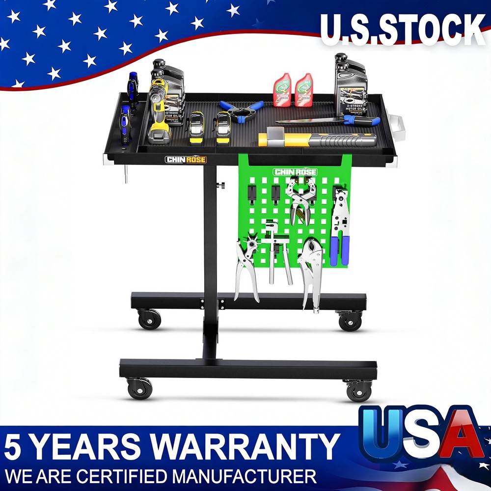 Rolling Tool Tray with Wheels Adjustable Height Mobile Work Table 500Lb Capacity