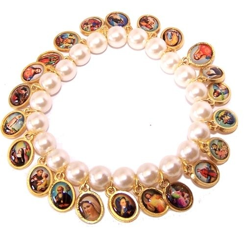 Pearl beads elastic bracelet with Saints icons (6cm or 2.36" dia not expanded)