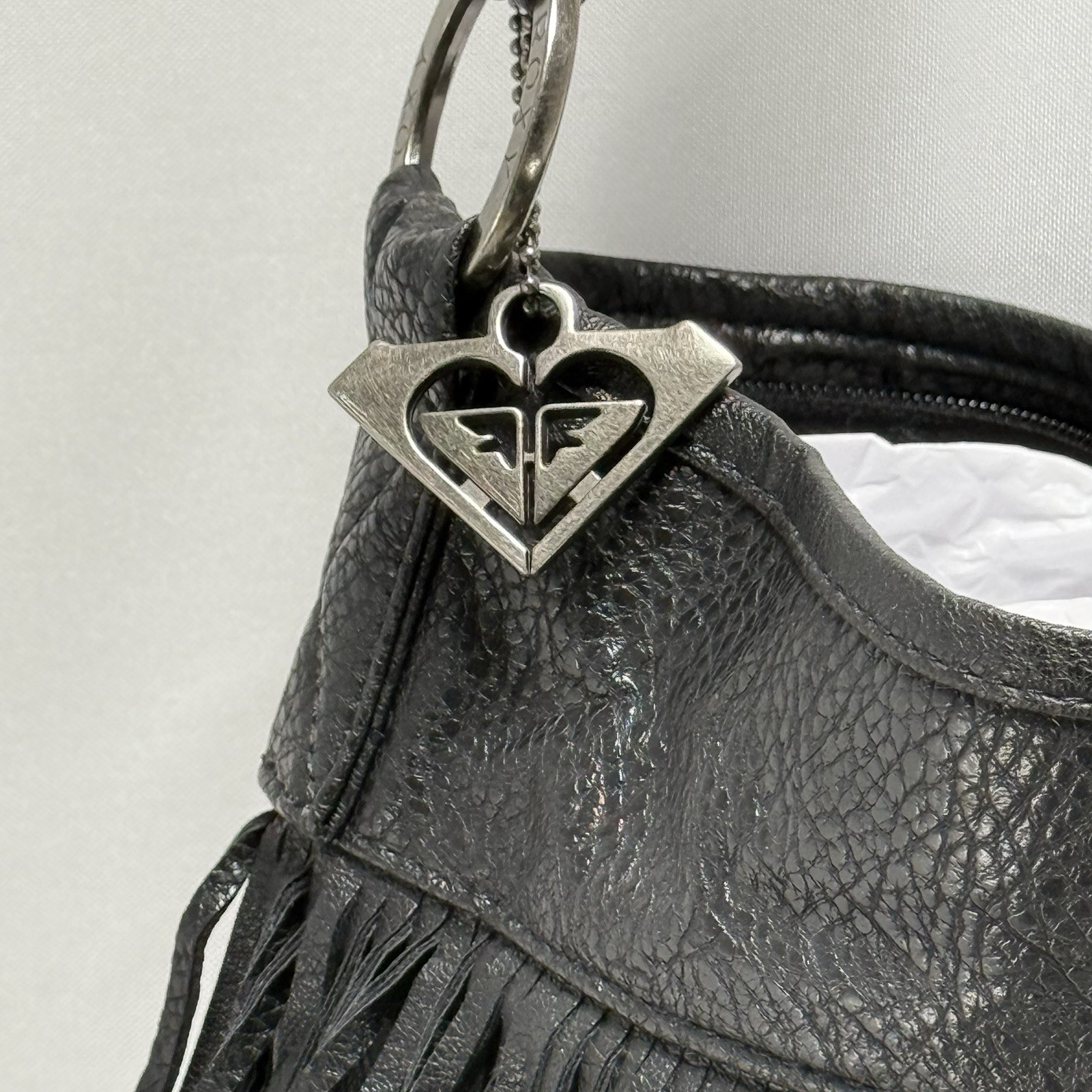 Vintage Y2K Roxy Boho Black Pebbled Fringe Bag Faux Leather Crossbody Purse Mint