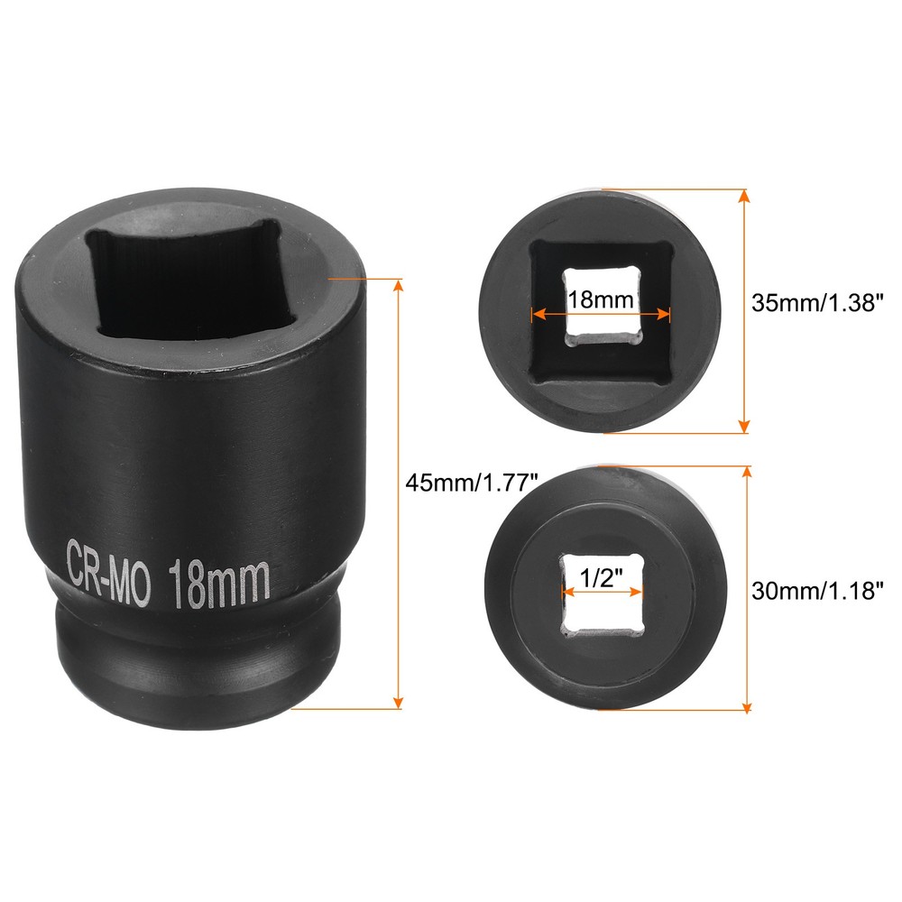 4 Point Square Socket 1/2" Drive 18mm Metric CR-MO Square Impact Wheel Socket
