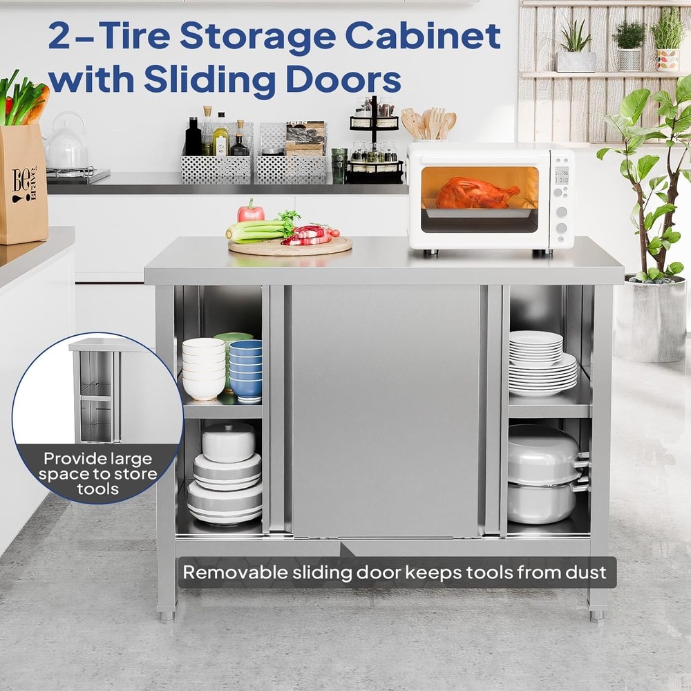Stainless Steel Prep & Work Table with 2-Tier Cabinet & 2 Sliding Doors Silver