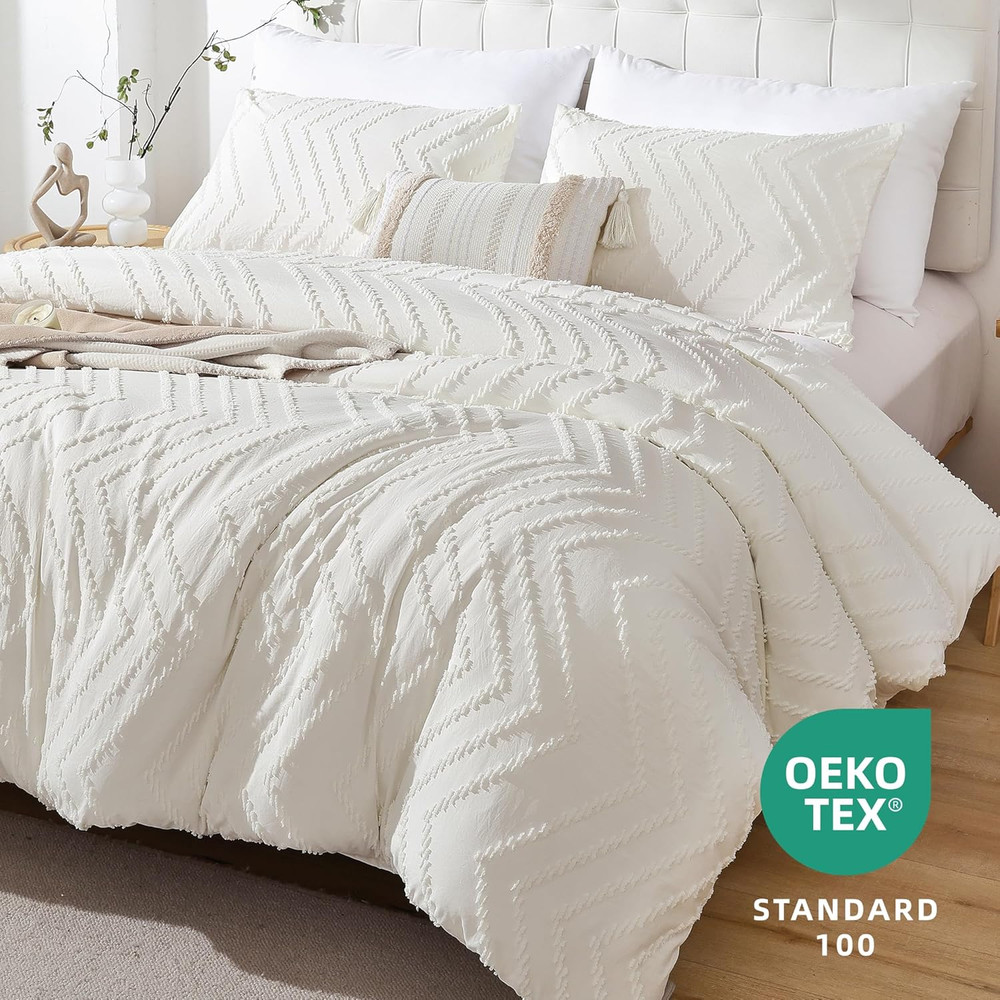 Ivory White Full Comforter Set 3Pcs, Boho Full Size Bedding Set, Vertical Tufted