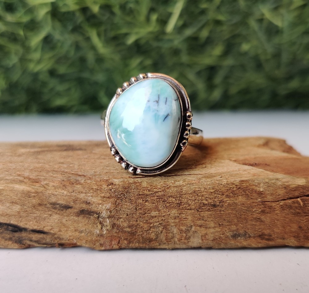 Unique Larimar Gemstone Ring 925 Sterling Silver Wedding Gift Statement Ring