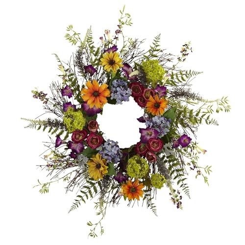 24-Inch Spring Garden Wreath with Twig Base, Multicolored/Green