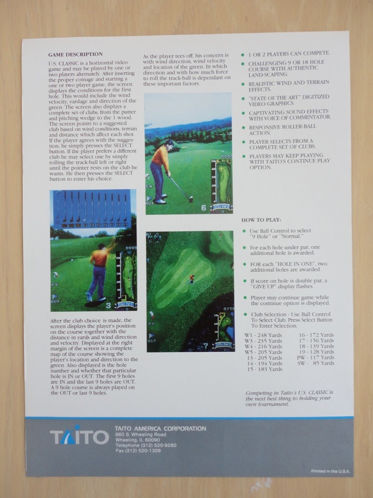 U.S. Classic Golf Arcade Flyer Magazine Pull Out Advertisement