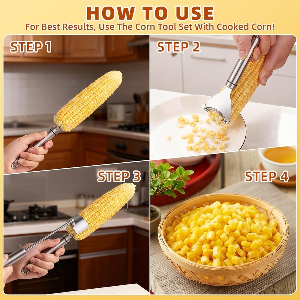 3pcs Corn Cob Peeler Set, Stainless Steel Kernel Stripper Cutter Remover Tool