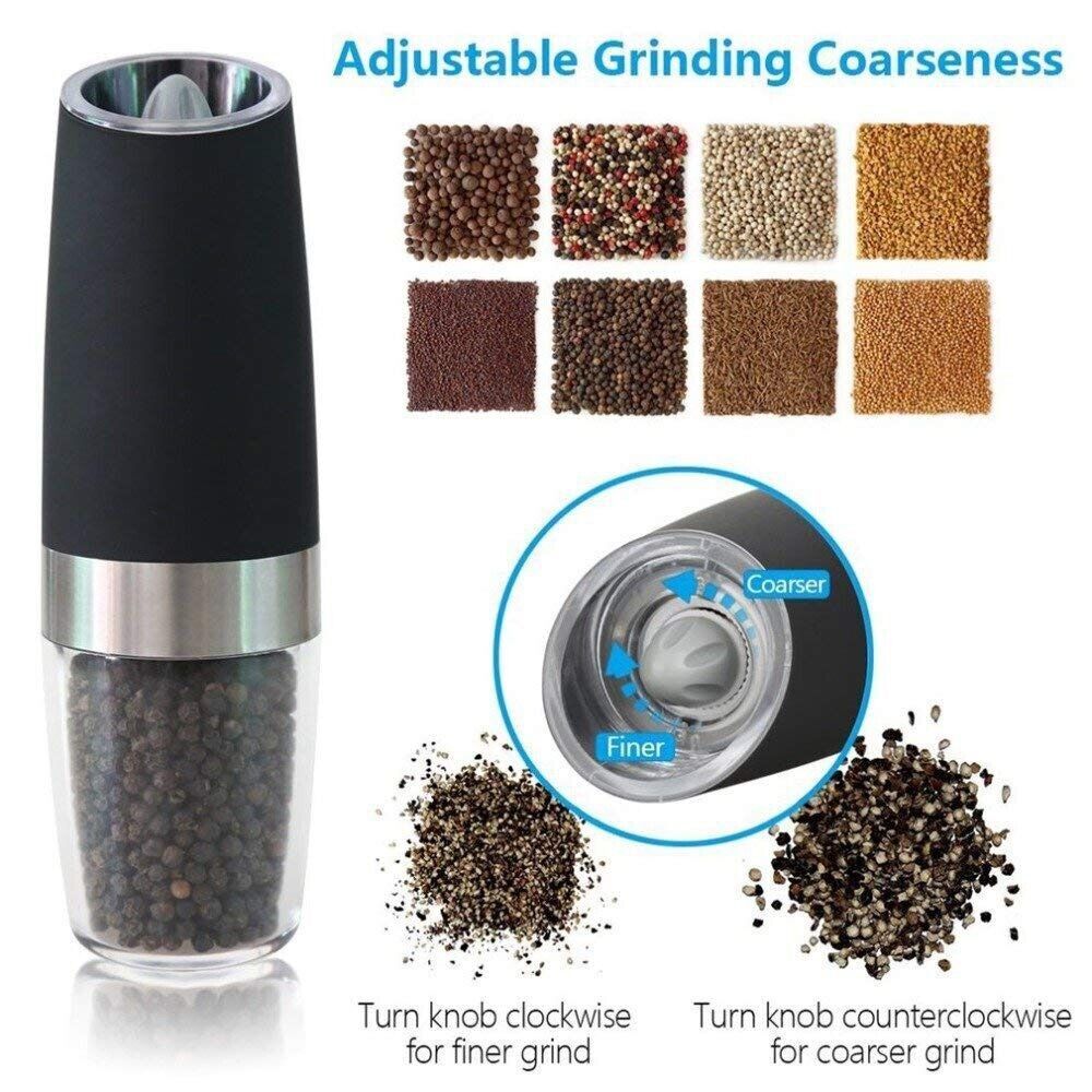 Electric Salt And Pepper Grinder Powered Gravity Sensor Mill Adjustable 2 PCS