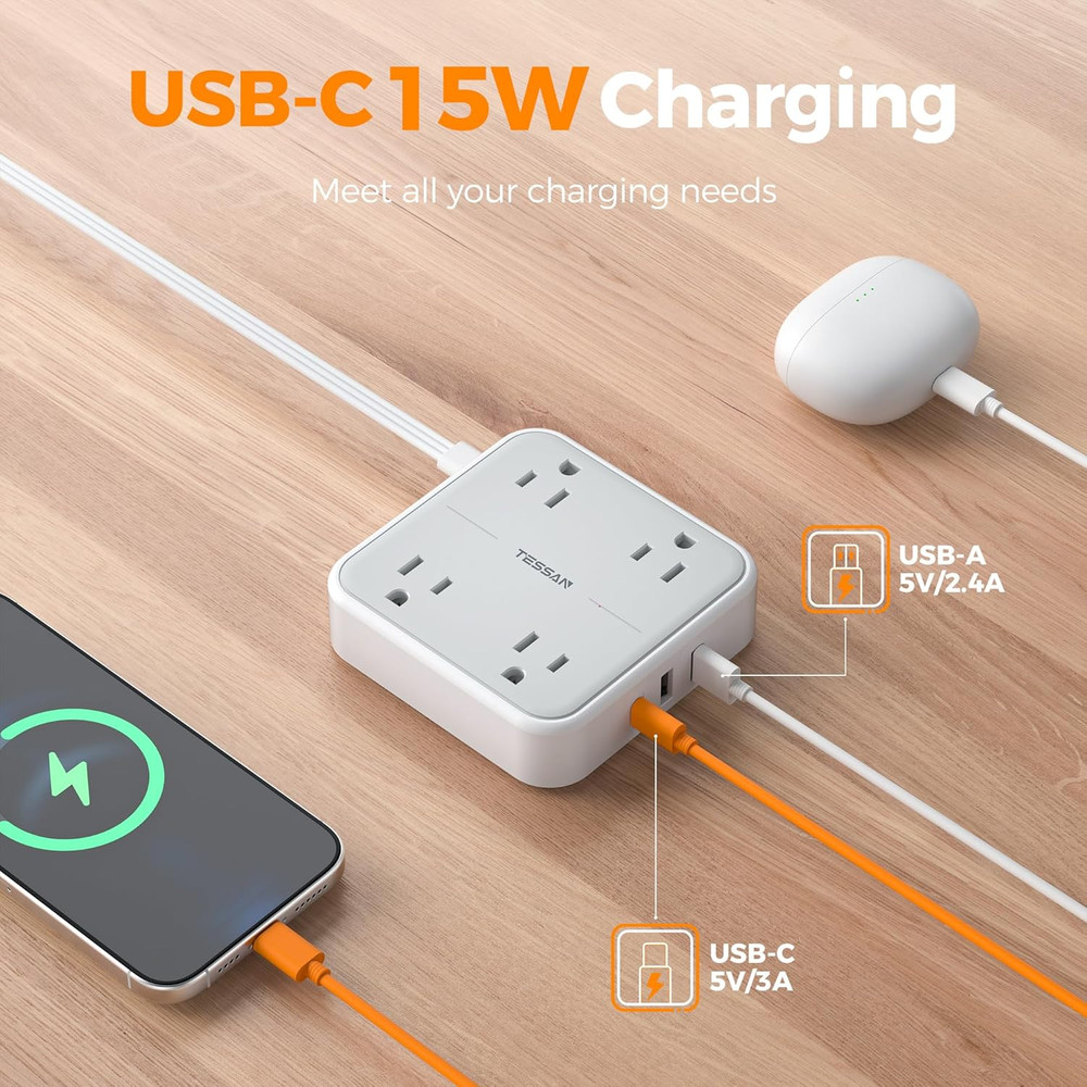 Flat Plug Extension Cord 5 Ft, Surge Protector Power Strip Ring Pull with 3 USB