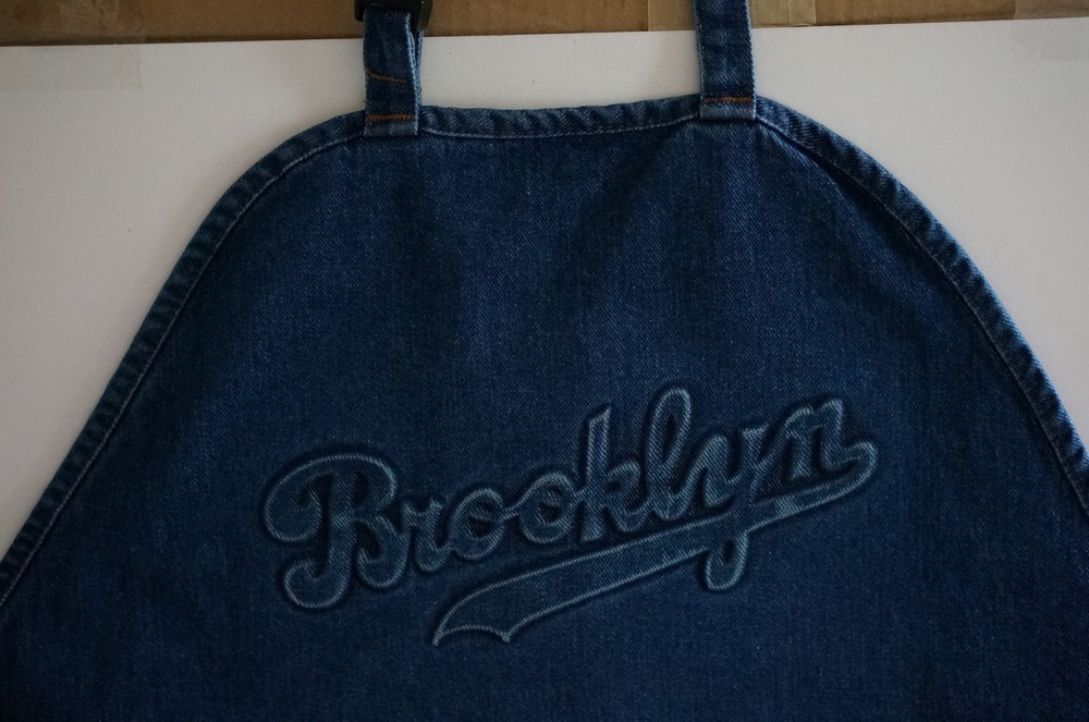 Brooklyn Script Blue Jean Denim APRON Adjustable Wide Strap 3 ROOMY POCKETS