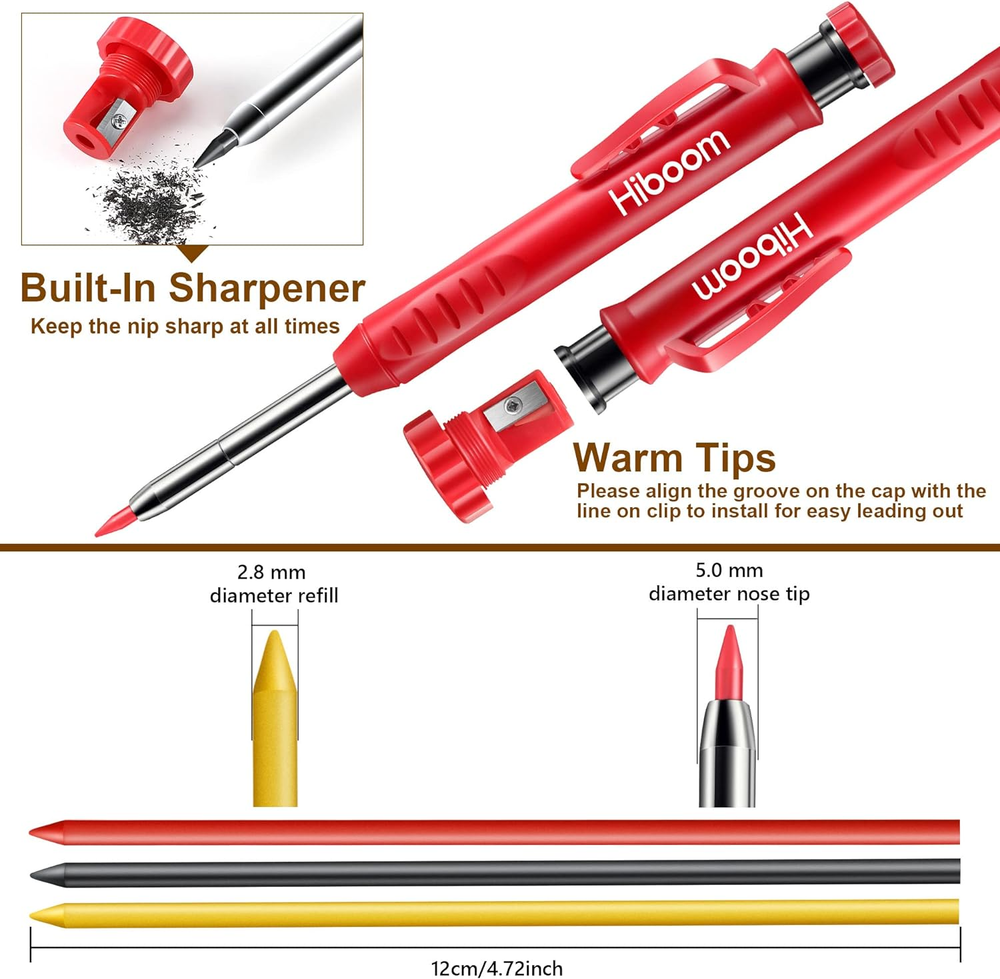 2 Pack Solid Carpenter Pencils with Pencil Cap and 18 Refills, Long Nose Deep...