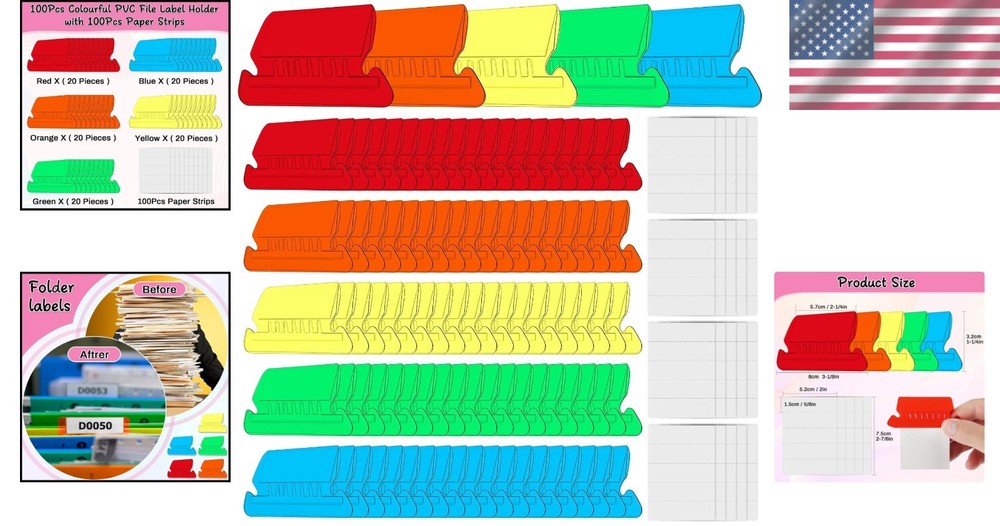 Efficient A5 Hanging File Labels: 100 Durable Multicolor Tabs with Easy Inserts