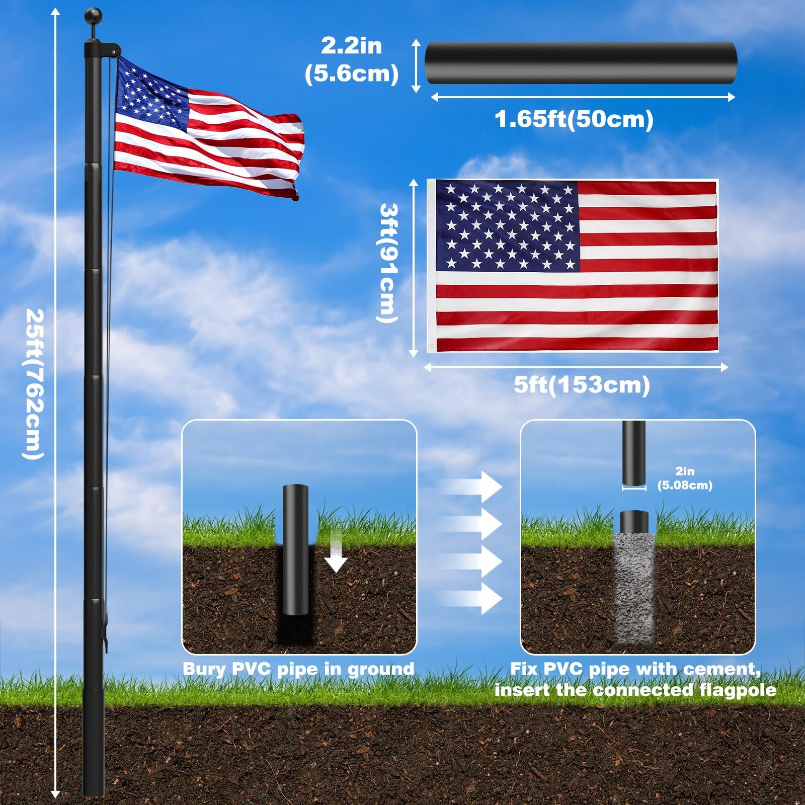 Heavy Duty Flag Pole, 25FT 12 Gauge Extra Thick Aluminum Flagpole Kit, 100MPH