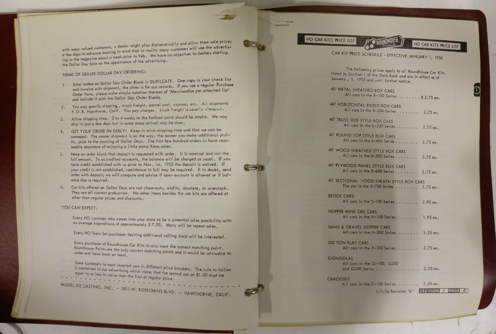 Roundhouse Model Die Casting 1956 Data Book Sheets & Binder