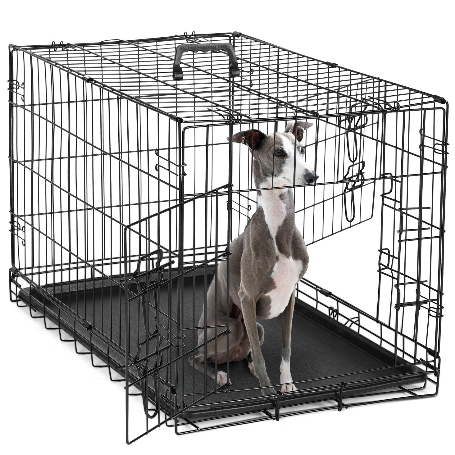Foldable Metal Wire Dog Crate, Double Door,with Divider Panel & Plastic Pan Tray