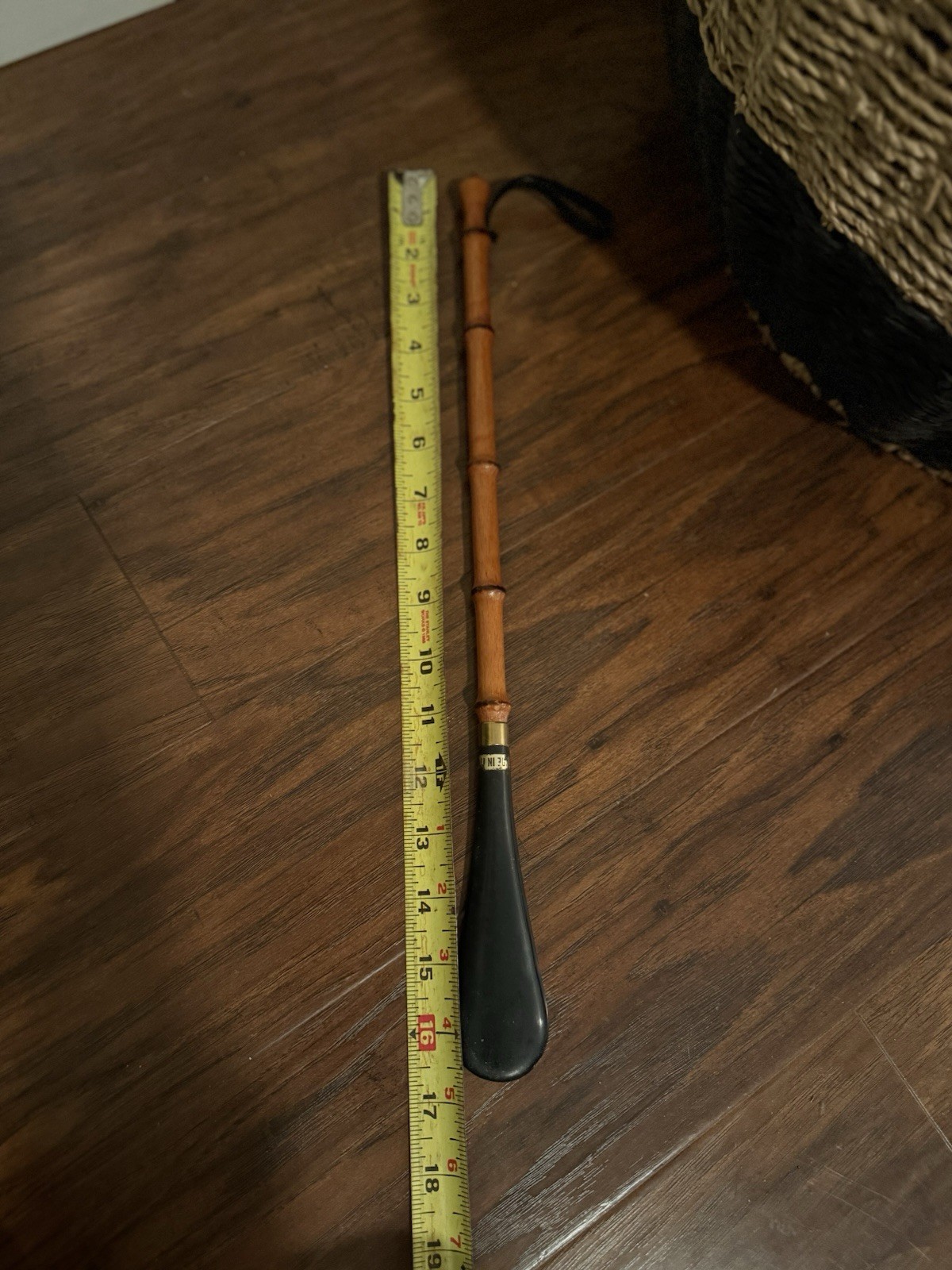 Vintage Bamboo Shoe Horn with Wooden Grip and Leather Strap, 16.5 Inch