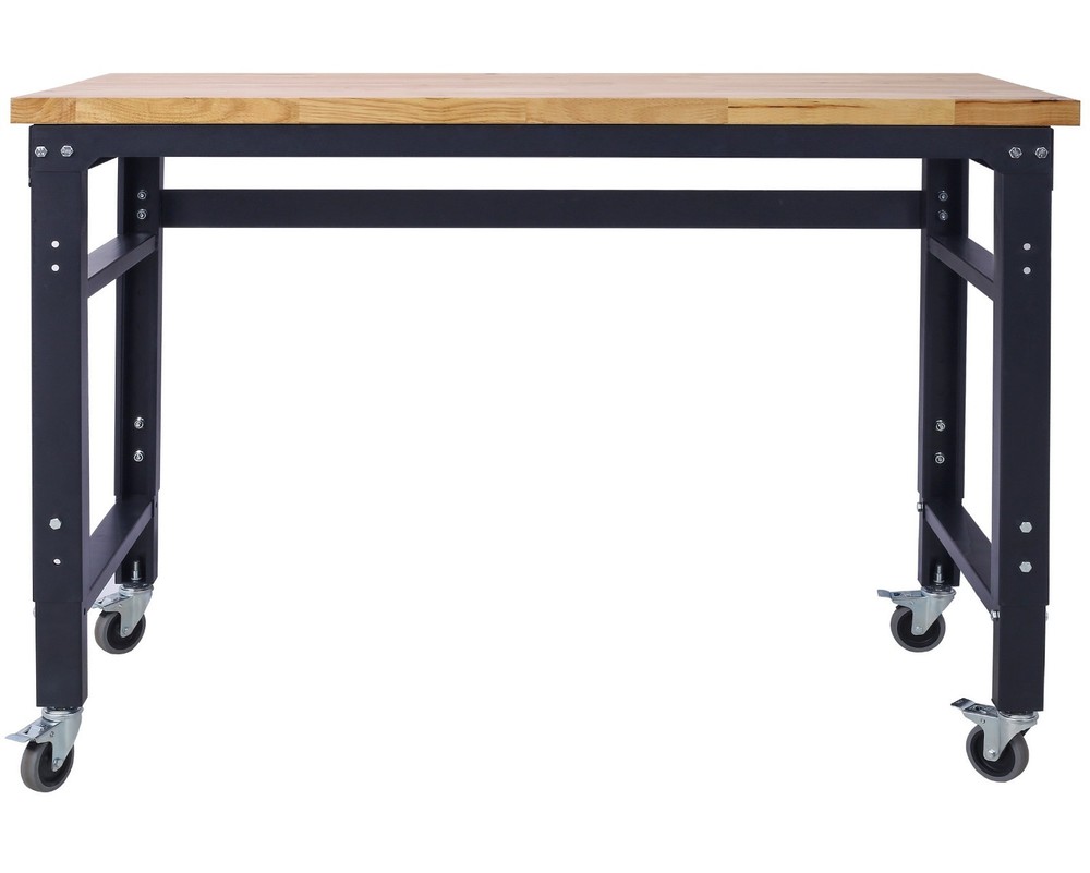 48" Wide Adjustable Height Rolling Workbench with Rubber Wood Top