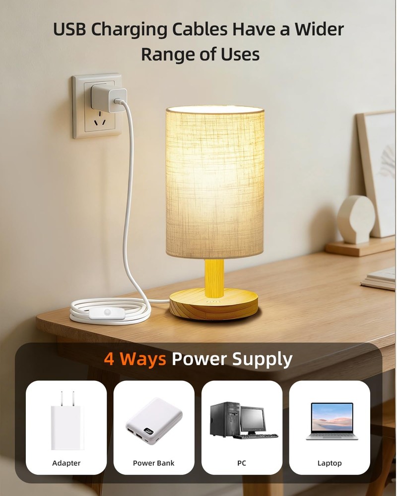 Small Table Lamp for Bedroom - Inline Control, Bedside Lamp for Warm Light LE...